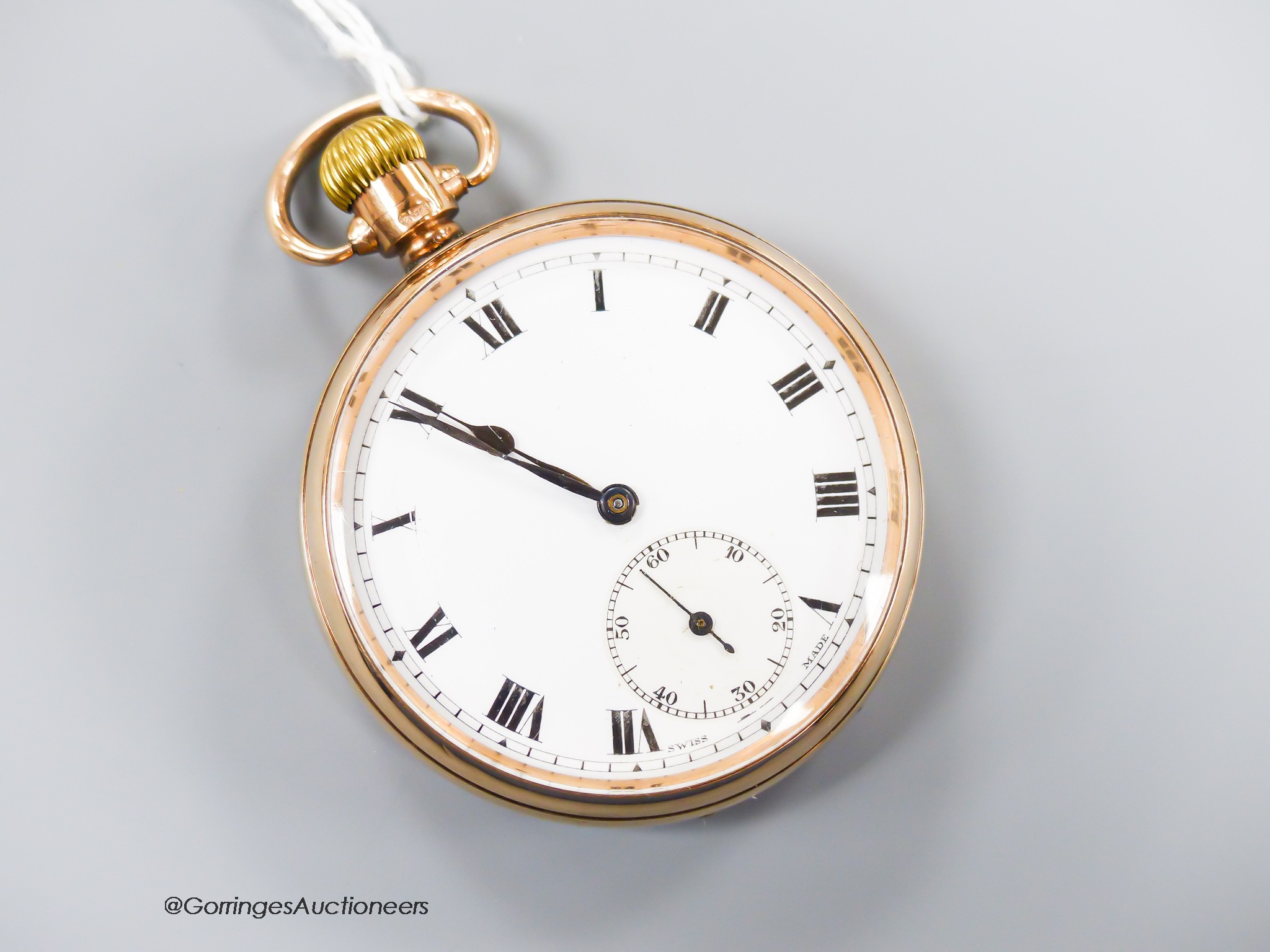 A George V 9ct gold open faced keyless lever pocket watch, case diameter 48mm